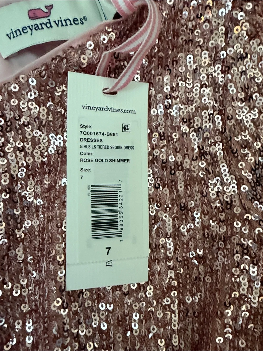 Vineyard Vines Girls' Rose Gold Sequin Tiered Long-Sleeve Dress